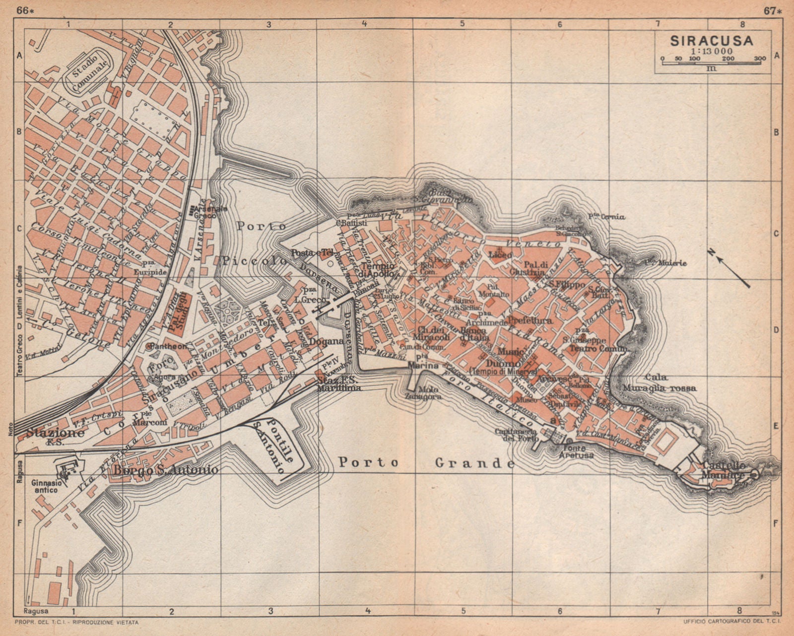 SIRACUSA SIRACUSE Isola di Ortigia vintage town city pianta della città 1958 map
